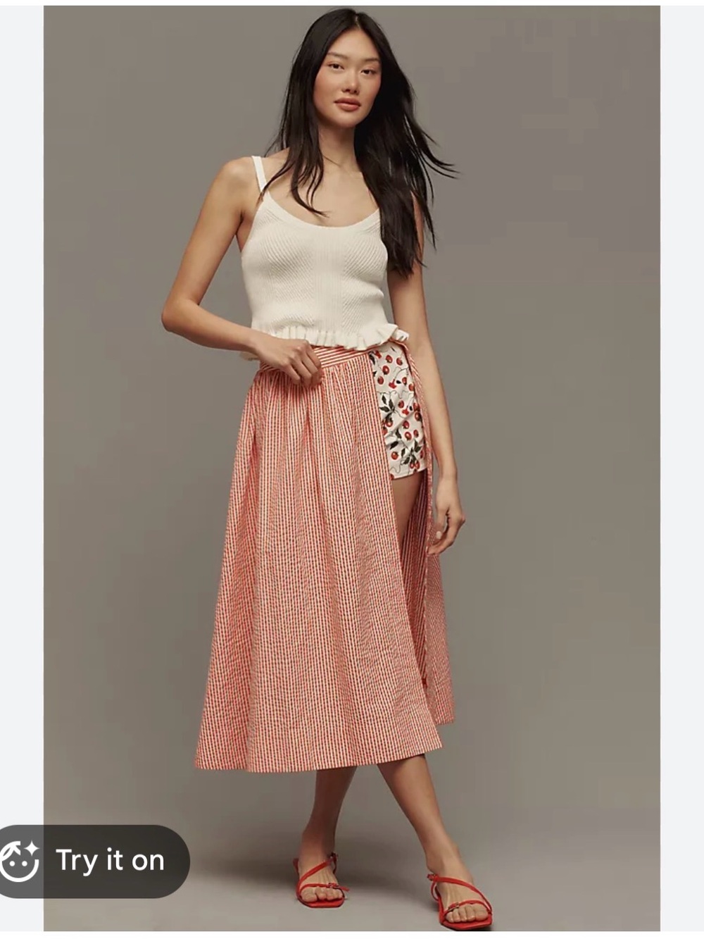 Anthropologie Maeve Red and White Striped Wrap Skirt With Tomato Print Shorts - Picture 2 of 11